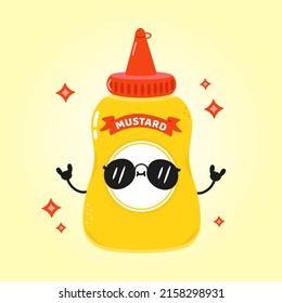 Cute funny mustard card. Vector hand drawn cartoon kawaii character illustration icon. Isolated on yellow background. Happy mustard in bottle character concept