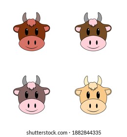 Cute funny muzzles of bulls isolated on white background. Domestic mammals, cartoon animals.