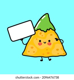 Cute funny nachos with poster. Vector hand drawn cartoon kawaii illustration icon. Isolated on blue background. Nachos think concept