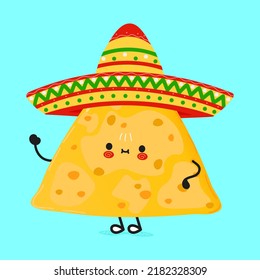 Cute funny nachos waving hand character. Vector hand drawn cartoon kawaii character illustration icon. Isolated on blue background. Happy nachos character concept
