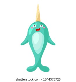 Cute funny narwhal print on white background. Ocean cartoon animal character for design of album, scrapbook, greeting card, invitation, wall decor. Flat colorful vector stock illustration.