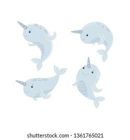 cute funny narwhals for kids and baby design. vector illusrtation set on white background