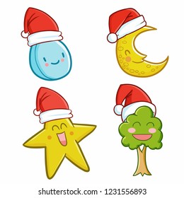Cute and funny nature object set wearing Santa's hat for christmas - vector