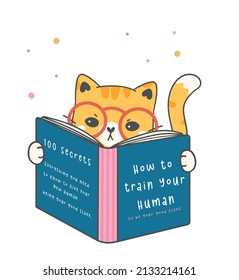 cute funny nerdy orange ginger kitten cat reading book, pet animal cartoon drawing vector