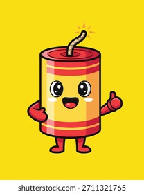 Un personaje lindo y divertido de la mascota petardo del Año Nuevo con colores brillantes y vibrantes y una pose amigable.