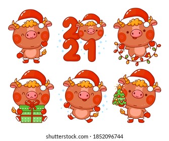 Cute funny New Year symbol bull in christmas cap character set. Vector cartoon kawaii character illustration icon. Isolated on white background. Bull symbol of New Year, Christmas character concept
