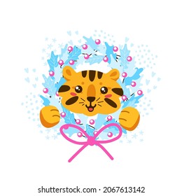 Cute and funny new year symbol tiger with Christmas wreath