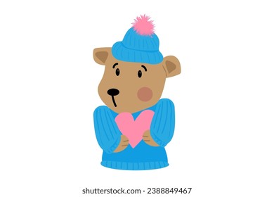 Cute, funny, nice and lovely teddy bear in blue knitted sweater and warm hat with fluffy pom-pom holding pink heart in the paws. Kids and children. Childish animal toy. Vector illustration.