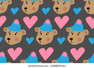 Cute, funny, nice and lovely teddy bear in blue knitted sweater and warm hat with fluffy pom-pom holding pink heart in the paws. Kids and children. Childish animal toy. Seamless vector pattern.