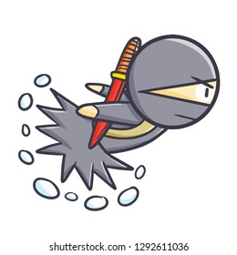Cute and funny ninja with sword running - vector.
