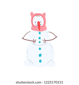 Cute funny nowman character in a hat, Christmas and New Year holidays decoration element vector Illustration on a white background