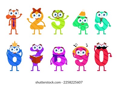 Cute funny numbers. Adorable vector math characters. One, two, three, four, five, six, seven, eight, nine, zero smiling characters, math symbols. Numbers with faces