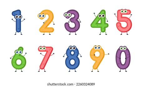 Cute funny numbers. Adorable vector math characters. One, two, three, four, five, six, seven, eight, nine, zero smiling characters, math symbols. Numbers with faces