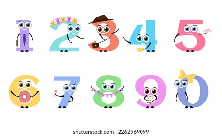 Cute funny numbers. Adorable vector math characters. One, two, three, four, five, six, seven, eight, nine, zero smiling characters, math symbols. Numbers with faces