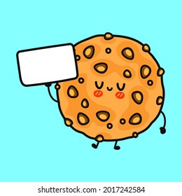 Cute funny oatmeal cookies with poster. Vector hand drawn cartoon kawaii character illustration icon. Isolated on blue background. Oatmeal cookies think concept