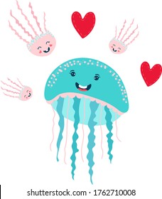 Cute, funny ocean jellyfish in cartoon style, set medusa and red hearts, design, flat vector illustration, isolated on white. Undersea world, multicolored children s colorful print on baby clothes.