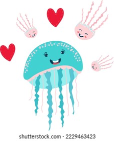 Cute, funny ocean jellyfish in cartoon style, set medusa and red hearts, design, flat vector illustration, isolated on white.