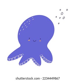 Cute and funny octopus, hand drawn cartoon flat vector illustration isolated on white background. Cheerful marine animal character, great for kids designs. Sea life inhabitant with smiling face.