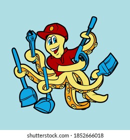 cute funny octopus janitor cleaning service holding tools mascot logo