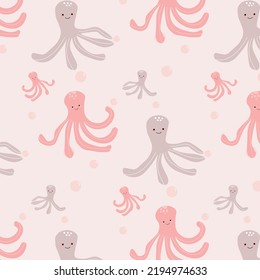 Cute funny octopus seamless pattern, texture, background, wallpapers, endless ornament, repeating print. Children clothing design with a marine animal with bubbles for textiles, wrapping paper, fabric