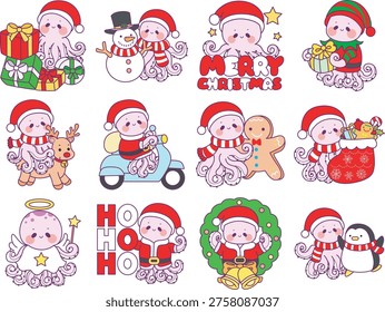 Cute funny Octopus sticker icon with christmas theme. Funny Octopus in the variation of Merry Christmas 