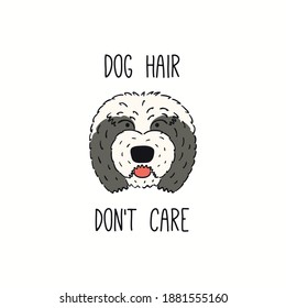 Cute Funny Old English Sheepdog, Puppy Face, Quote Dog Hair Dont Care. Hand Drawn Color Vector Illustration, Isolated On White. Line Art. Pet Logo, Icon. Design Concept Poster, T-shirt, Fashion Print.