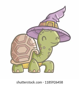 Cute and funny old turtle wearing witch hat for Halloween - vector.