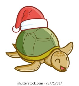 Cute and funny old turtle wearing Santa's hat for Christmas and smiling - vector.