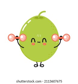 Cute lustige Oliven-Charakter-Hantel.Vektor handgezeichnet Cartoon kawaii Charakter-Symbol.Einziger weißer Hintergrund.Olive-Charakter-Fitnessraum Emoji, Kind, Gesicht, bezaubernd, Kinder, gesund, Sportkonzept