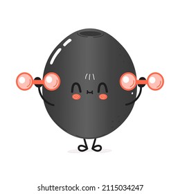 Cute lustige Oliven-Charakter-Hantel.Vektor handgezeichnet Cartoon kawaii Charakter-Symbol.Einziger weißer Hintergrund.Olive-Charakter-Fitnessraum Emoji, Kind, Gesicht, bezaubernd, Kinder, gesund, Sportkonzept