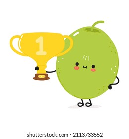 Cuidada y divertida copa de trofeo de oro en la bodega de olivo.Dibujo de dibujos hechos a mano en kawaii icono de ilustración.Aislado en el fondo blanco.Oliva con copa de trofeo ganador, emoji, niño, cara, adorable, concepto para niños