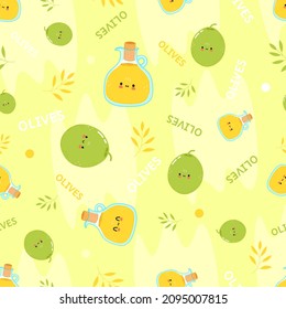 Cute funny olive and olive oil concept seamless pattern. Vector hand drawn cartoon kawaii character illustration icon. Cute kawaii olive and olive oil cartoon seamless pattern concept