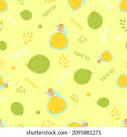 Cute funny olive and olive oil concept seamless pattern. Vector hand drawn cartoon kawaii character illustration icon. Cute kawaii olive and olive oil cartoon seamless pattern concept