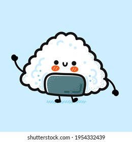 Cute funny onigiri. Vector hand drawn cartoon kawaii character illustration icon. Onigiri, asian rice and nori food, sushi mascot cartoon character concept