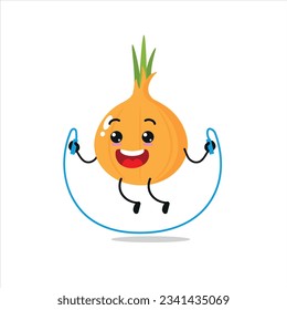 Cute and funny onion doing jumping rope. Vegetable doing fitness or sports exercises. Happy character working out vector illustration.