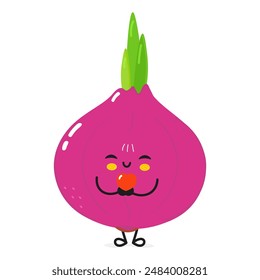 Cute funny Onion holding a heart in hands character. Vector hand drawn cartoon kawaii character illustration icon. Isolated on white background. Happy Onion in love character concept