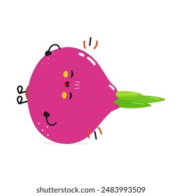Lindo divertido cebolla se ríe personaje. Vector dibujado a mano de dibujos animados kawaii personaje ilustración icono. Aislado sobre fondo blanco. Concepto de personaje de Happy Onion