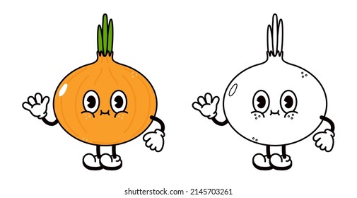 Cute funny onion waving hand character outline cartoon illustration for coloring book.Vector hand drawn traditional cartoon vintage,retro,kawaii character illustration icon. Isolated white background