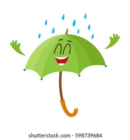 Cute and funny open green umbrella character with smiling human face happy with rain, cartoon vector illustration isolated on white background. Open umbrella, parasol character, mascot, design element