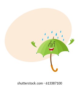 Cute and funny open green umbrella character with smiling human face happy with rain, cartoon vector illustration with place for text. Open umbrella, parasol character, mascot, design element