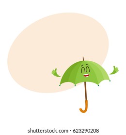 Cute and funny open green umbrella character with smiling human face giving thumb up, cartoon vector illustration with space for text. Open umbrella, parasol character, mascot, design element