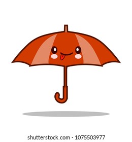 Cute and funny open red umbrella character with smiling human face happy vector illustration isolated on white background. mascot, design element EPS