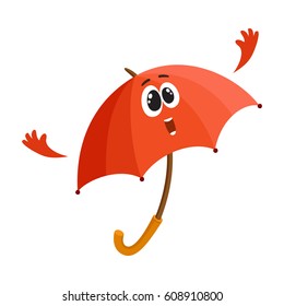 Cute and funny open red umbrella character with smiling human face giving thumb up, cartoon vector illustration isolated on white background. Open umbrella, parasol character, mascot, design element