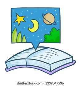 Cute and funny opened book with balloon text filled with night sky