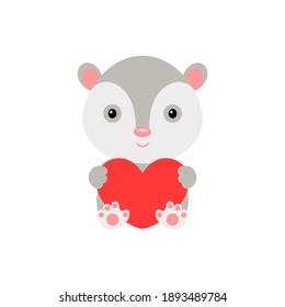 Cute lustige Opossum mit Herz auf weißem Hintergrund. Cartoon-Tiercharakter für die Gratulation mit St. Valentinstag, Grußkarte, Einladung, Wanddekor, Aufkleber. Farbige Vektorgrafik.