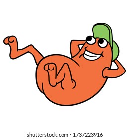 cute funny orange alien in a green cap is resting, isolated vector image, on a white background