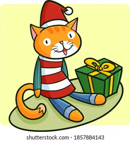 Cute and funny orange cat character wearing Santa's hat for Christmas