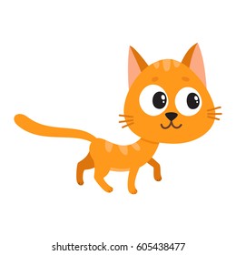 Cute and funny orange cat character, curious, playful, mischievous, cartoon vector illustration isolated on white background. Cat character walking curiously, looking aside