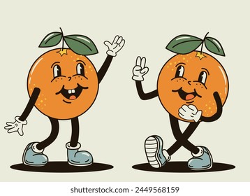 Cute and funny orange characters in a groovy style vector illustration