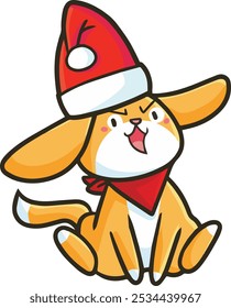 Cute and funny orange dog cartoon character wearing santa's hat celebrating christmas